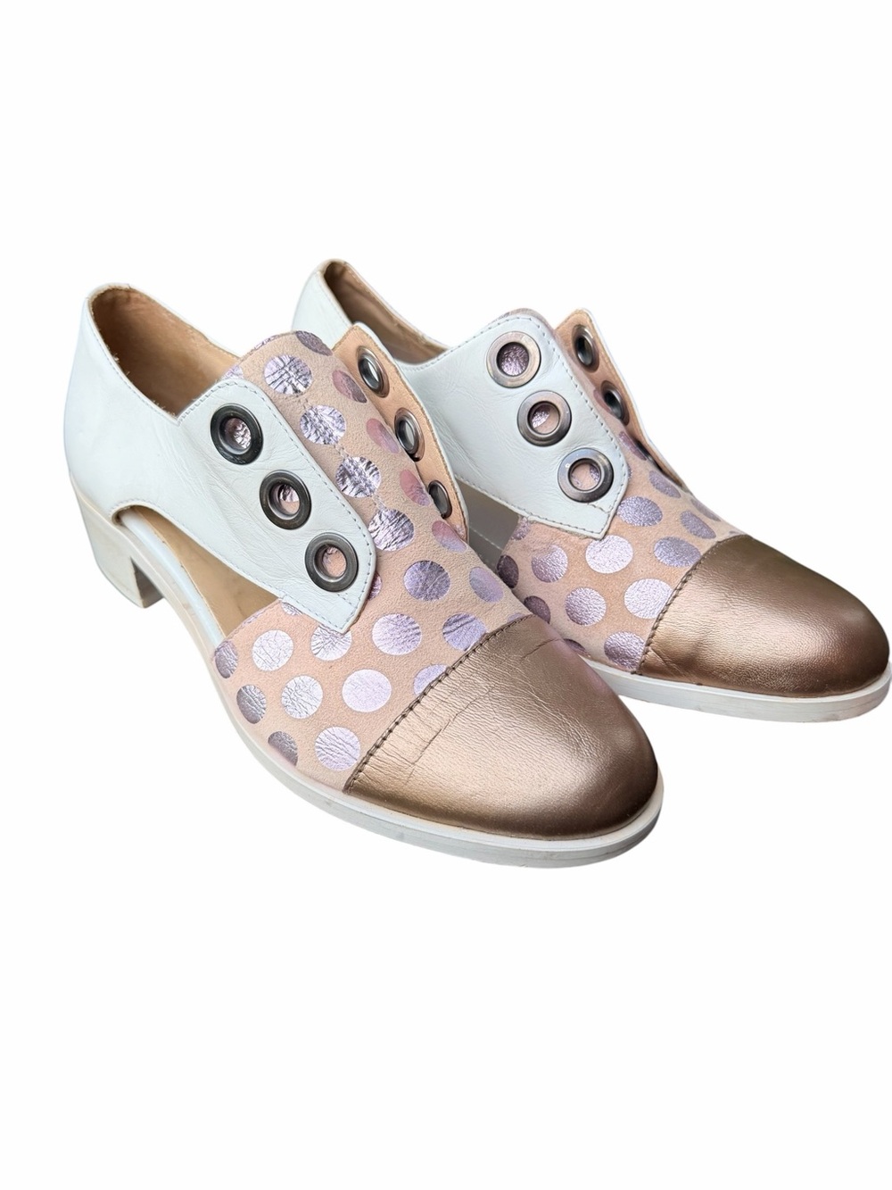 UNITY IN DIVERSITY Woman’s Gold & Pink Polka Dot Preppy Slip-On Loafers Size 40